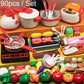 Children pretend play cooking set with large pots, griddle, utensils, and food pieces