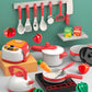 Children pretend play kitchen cookware set with stove, teapot, pots, and utensils