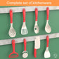 Children kitchen utensil set with hanging white and red spatulas and ladles