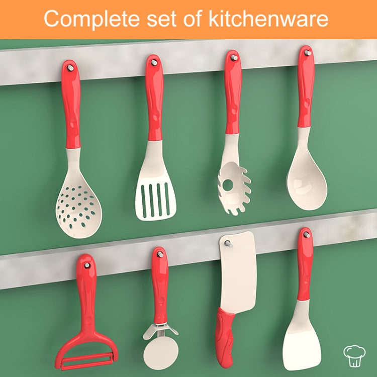 Children kitchen utensil set with hanging white and red spatulas and ladles