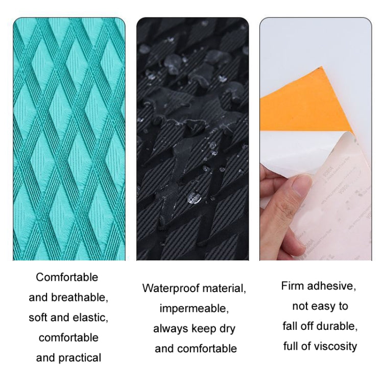 Anti-skid EVA pad close-up texture in teal and black; hand holds an orange sheet
