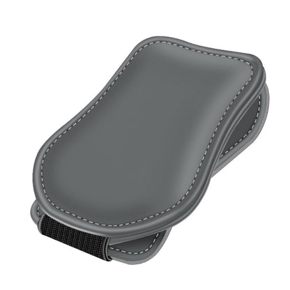 Grey magnetic eyeglasses clip storage case with stitched edges and elastic strap.