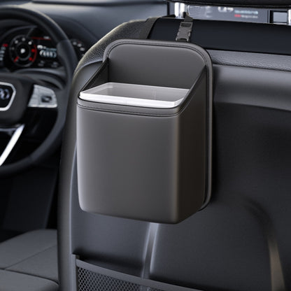 Car seat storage bag with waterproof bucket, grey, hangs from seat back with strap