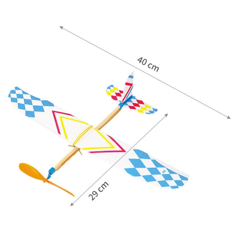 Rubber band powered airplane model toy with multicolor body and blue checkered wings