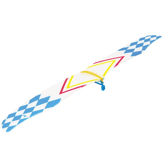 Rubber band powered airplane model toy with red-yellow geometric fuselage and blue checkered wings