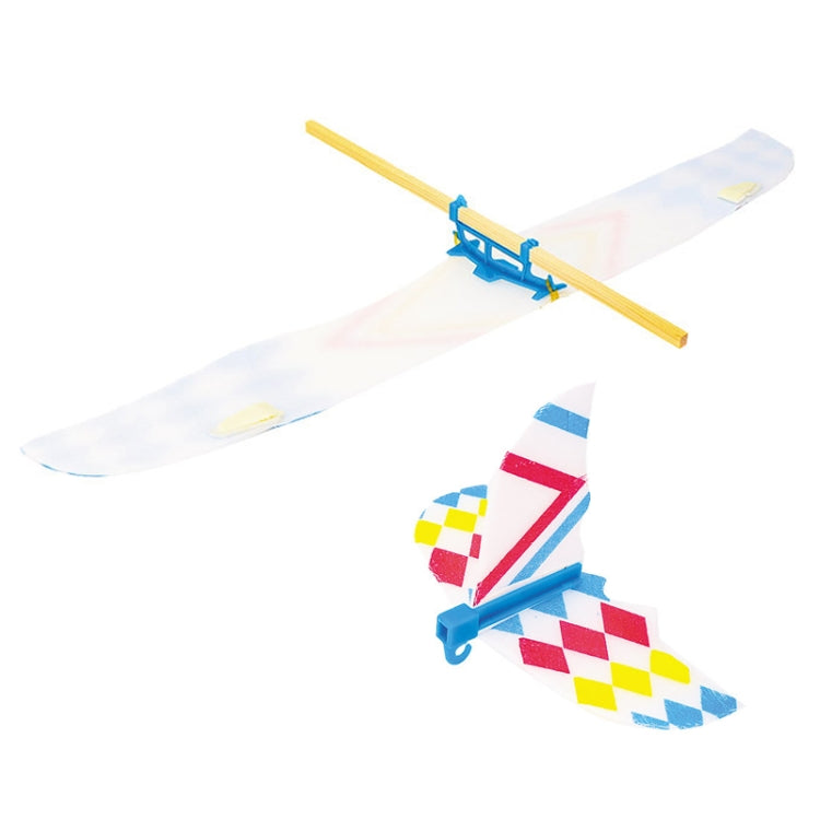 Rubber band powered airplane model toy with translucent wing covers and multicolor tail