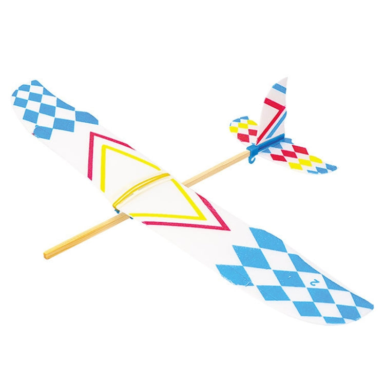 Rubber band powered airplane model toy with orange propeller and blue checkered wings