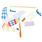 Rubber band powered airplane model kit with wooden frame, wings, propeller, and rubber bands