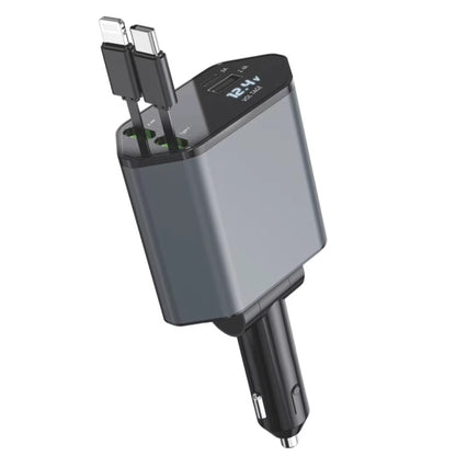 Multi-port car fast charger with retractable USB and dual digital display, dark gray