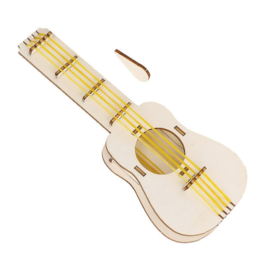 Wooden rubber band guitar with multiple yellow rubber bands stretched across the body