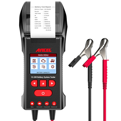 12V/24V battery system tester with screen, buttons, and black/red lead clamp cables