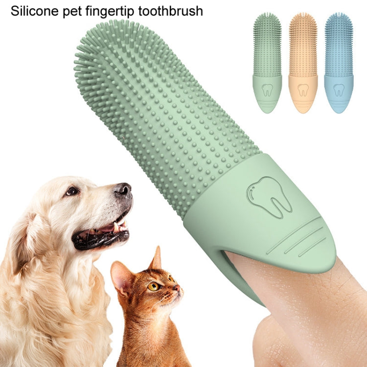 Green silicone pet finger toothbrush with tooth-shaped icon on handle