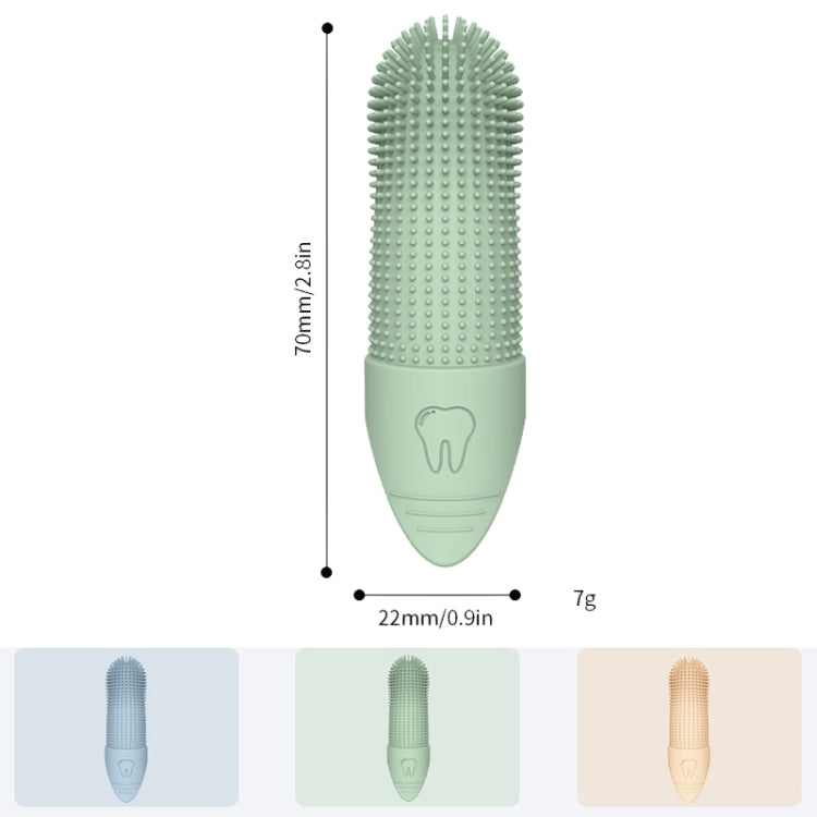 Green silicone pet finger toothbrush shown with size measurements