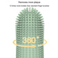 Close-up of green silicone finger toothbrush bristles
