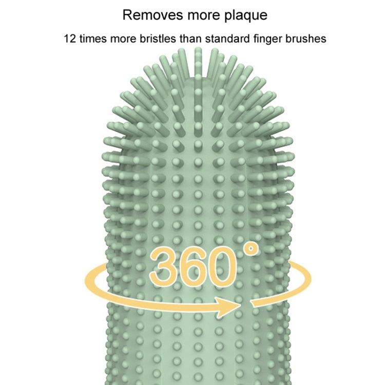 Close-up of green silicone finger toothbrush bristles