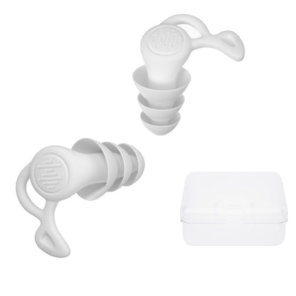 Triple-layer white silicone earplugs with grip handles and storage case, set of two