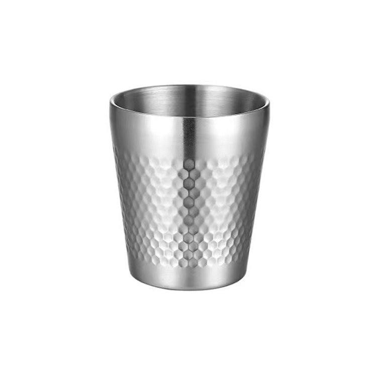 Silver hammered stainless tea cup, brushed double-wall look, wide round opening