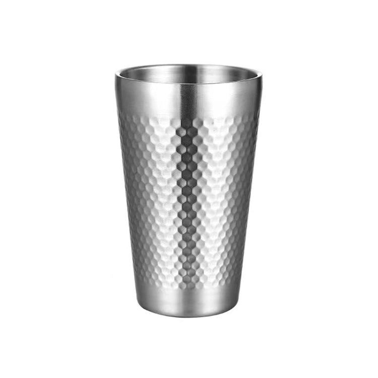 Silver hammered stainless steel tea mug, concentric texture, round open top