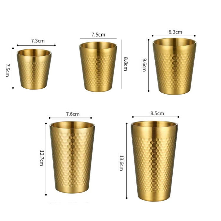 Gold hammered stainless steel mug with size measurements shown