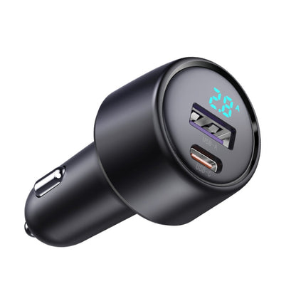 Black dual-port car fast charger with USB-A and USB-C, LED power display