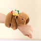 Brown plush turtle snap-ring bracelet with multicolor burger-style backpack and pull ring