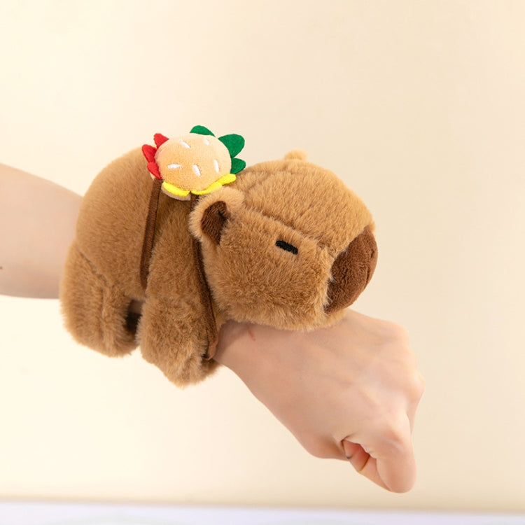 Brown plush turtle snap-ring bracelet with multicolor burger-style backpack and pull ring