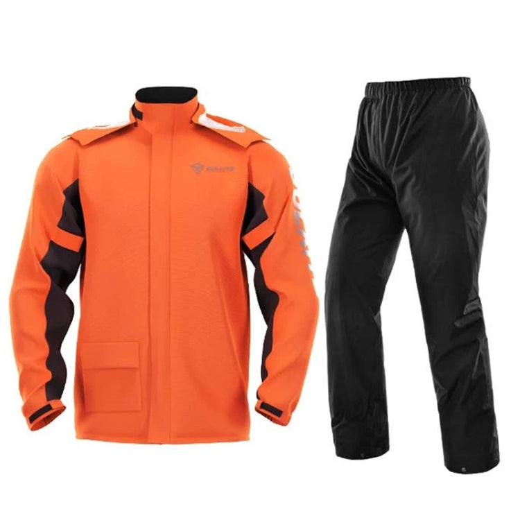 Orange full-body motorcycle rain suit: zip jacket and cuffed pants with reflective panels