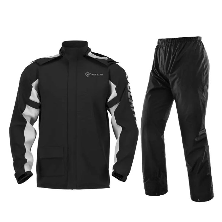 Black full-body motorcycle rain suit: zip jacket and cuffed pants with reflective panels