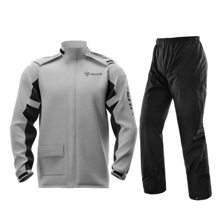 Gray full-body motorcycle rain suit: zip jacket and cuffed pants with reflective panels