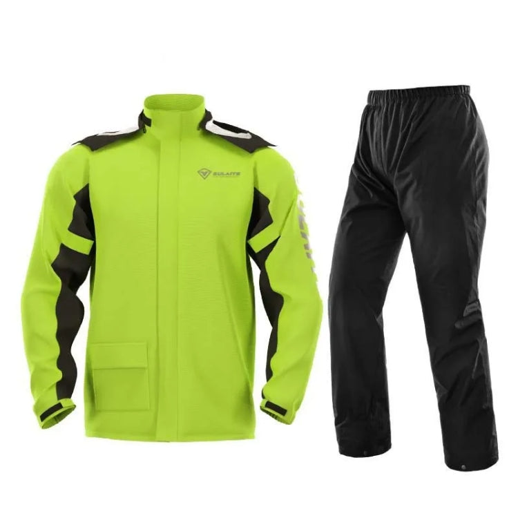 Neon green full-body motorcycle rain suit: zip jacket and cuffed pants with reflective panels