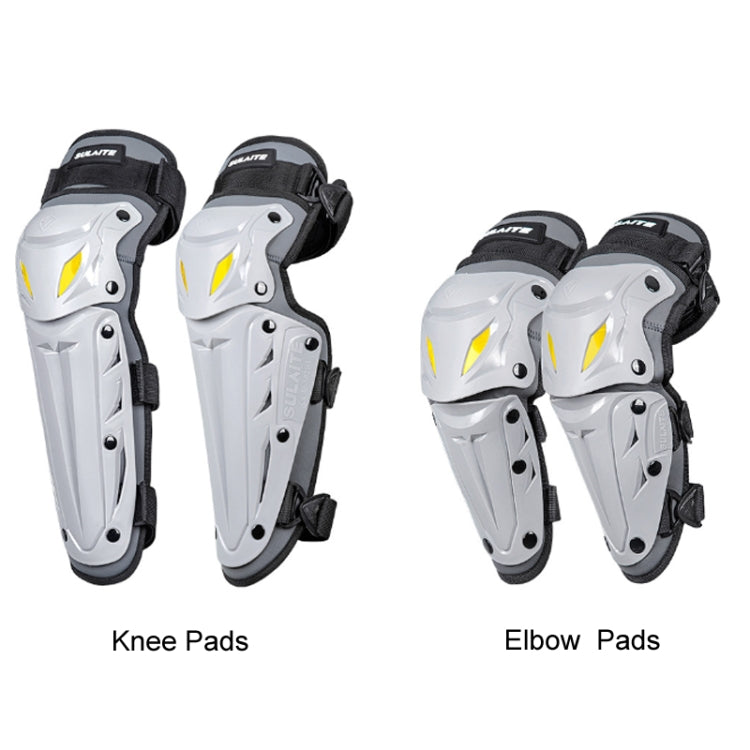 Set of motorcycle knee and elbow pads: gray-and-white shells with black straps, yellow accents