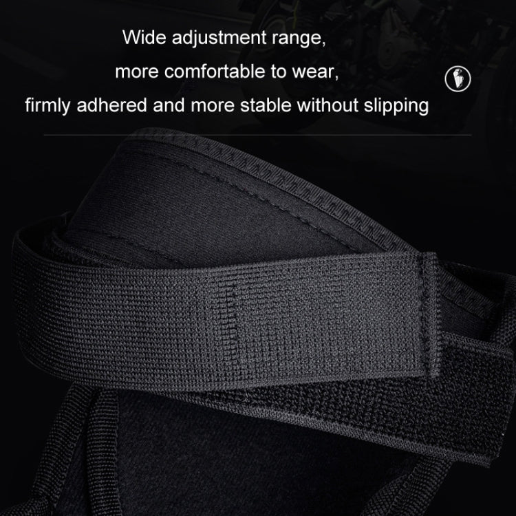 Black adjustable fabric strap for motorcycle knee and elbow pads, textured weave