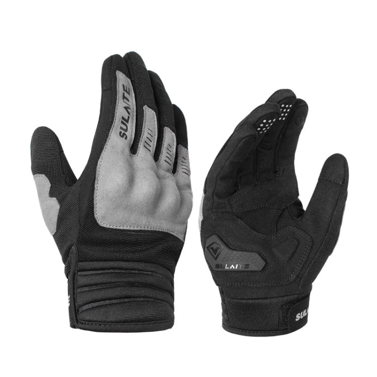 Motorcycle riding gloves, full-finger, black with gray thumb panel and protective knuckle padding