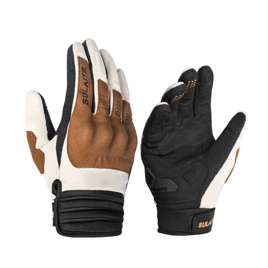 Motorcycle riding gloves, full-finger, khaki and black with padded knuckle protection