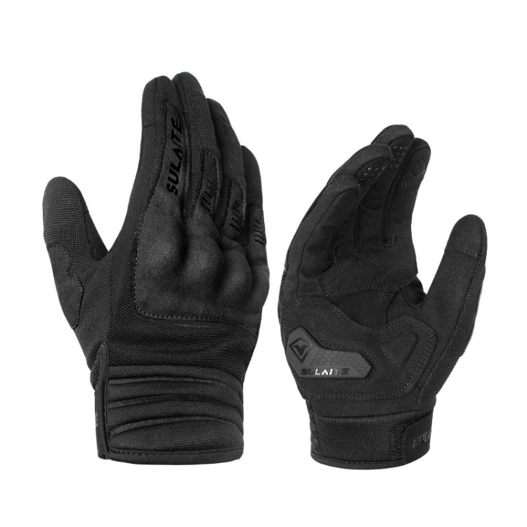 Motorcycle riding gloves, full-finger, dark black with padded knuckle guards and grip texture