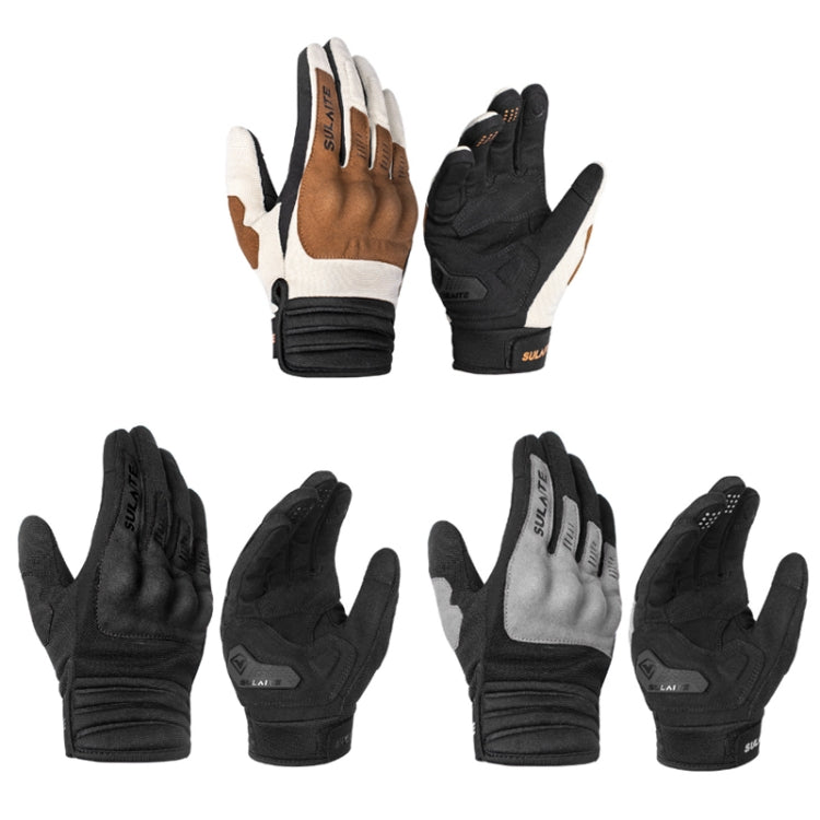 Motorcycle riding gloves, full-finger, set showing black and tan/khaki pairs with knuckle guards