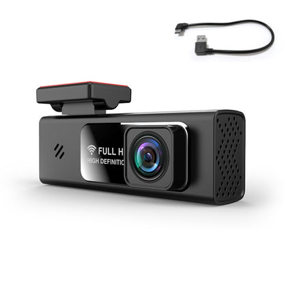 Hidden car dash cam with front lens and mounting clip, black housing