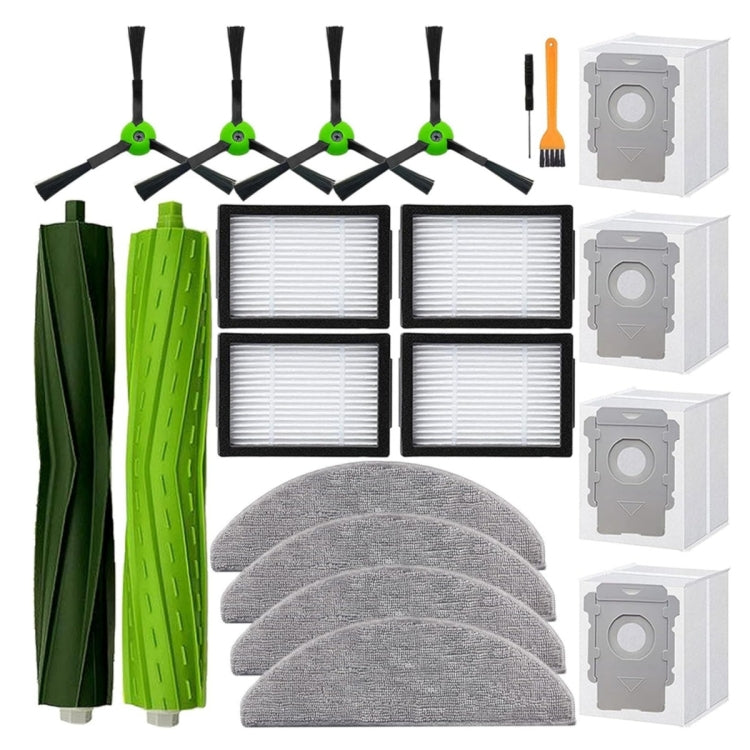 Robot vacuum replacement parts kit with filters, mop pads, dust bag, and edge brushes.