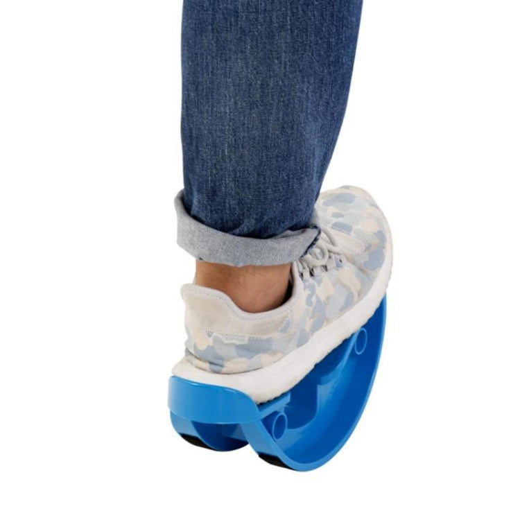Blue ankle stretch massage pedal supporting a sneakered foot for ankle stretching