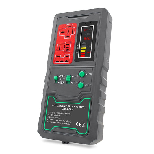 Automotive relay tester in dark gray with red circuit panel and digital status screen