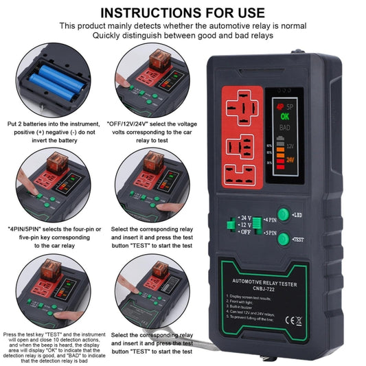Automotive relay tester front view with red relay diagram display and green buttons