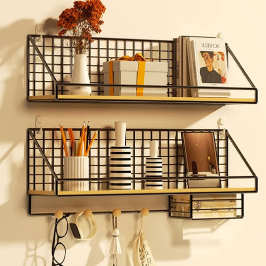 Household Large Non-Punching Organizer Wall Hanging Shelf, Black Basic Model, Black Wooden Ball With Tissue Box