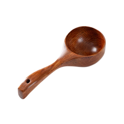 Dark wooden long-handle soup spoon with small oval hanging hole