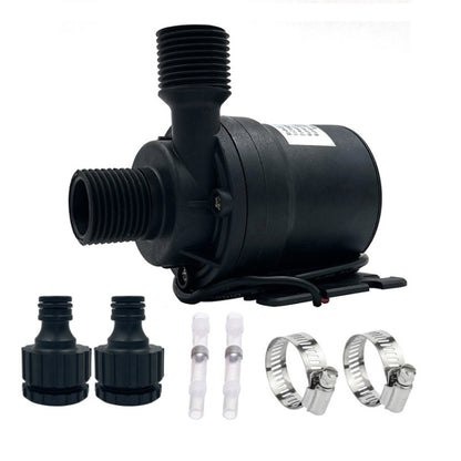 Black brushless DC booster pump with threaded ports and base mounting bracket