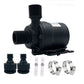 Black DC booster pump with ribbed motor housing, threaded inlet, and stable base