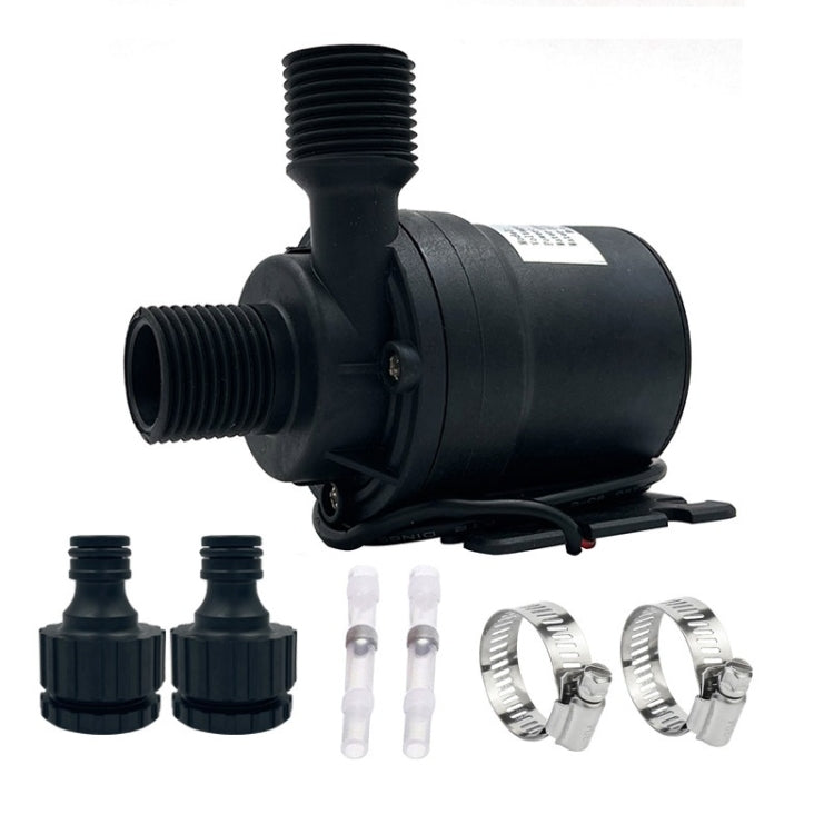 Black DC booster pump with ribbed motor housing, threaded inlet, and stable base