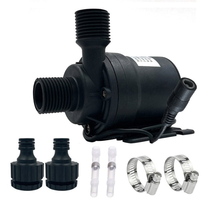 Black brushless DC booster pump with threaded ports and side connector cable lead