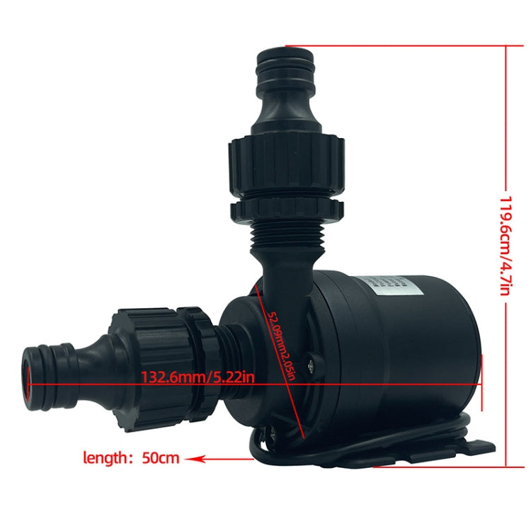 Black DC booster pump size diagram with length, height, and threaded ports