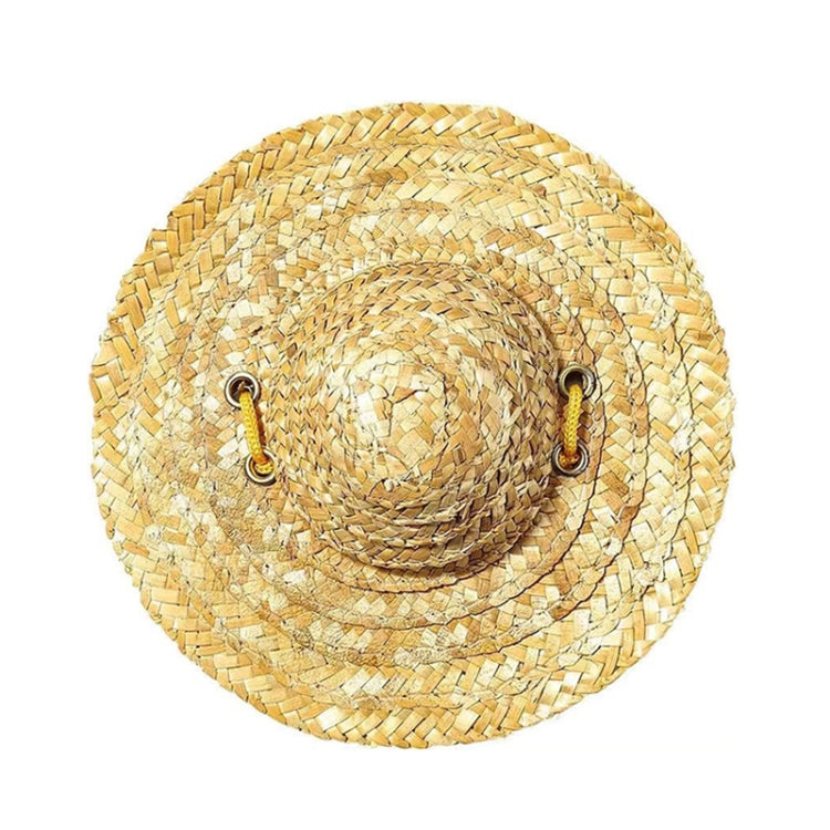 Woven straw pet sun hat with braided chin strap, tan straw weave