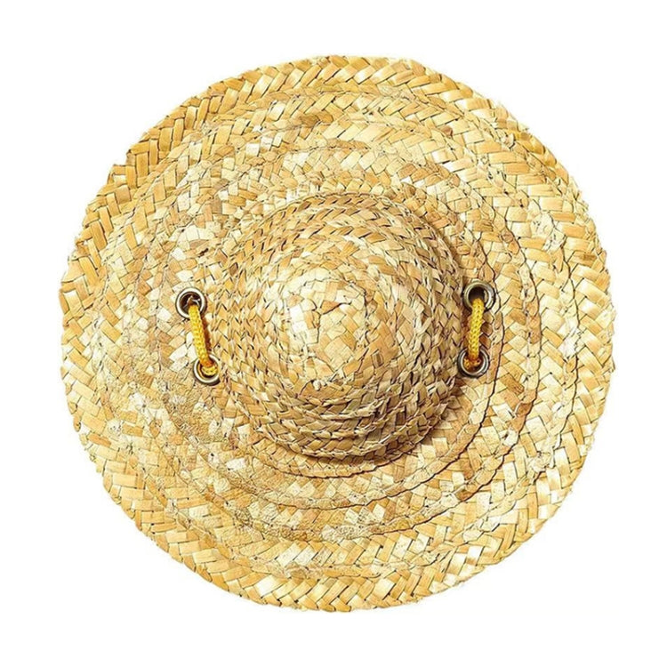 Woven straw pet sun hat with eyelet grommets and curled brim, tan